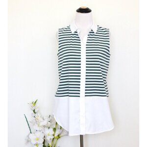 NEW! Lafayette 148 Striped Button Front Sleeveless Shirt Top Green White SZ S